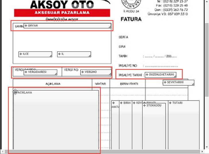 Makine tarafından oluşturulan diğer metin:AKSOY OTO AKSESUAR PAZARLAMA UNVAN FATURA + BIRIM + KDV OV ğ" 330 + DUZENLEMETARIHI SEVKTARIHI TUTARI + STOKKODU + VERGINO VERGIDAIRESI CIKLAMA